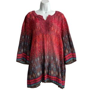 Catherines Crinkle Pleat Tunic Top Womens Plus 1X Crochet Lace V-neck Blouse